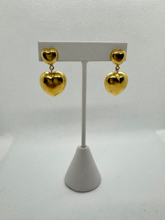 18K Double Heart Drop Earrings