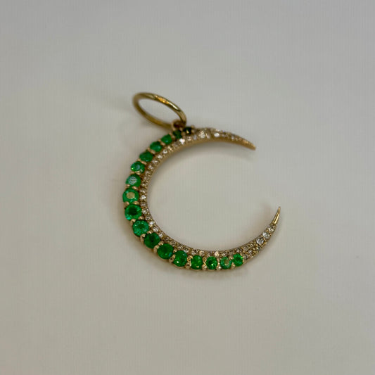 14K Natural Emerald and Diamond Crescent Moon