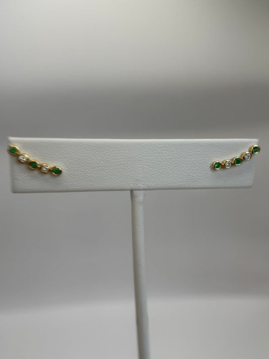 14K Natural Emerald and Diamond Ear Climber Earrings