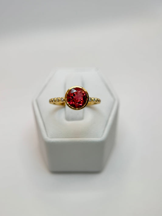 18K Natural Round Pink Tourmaline & Diamonds Solitaire Ring