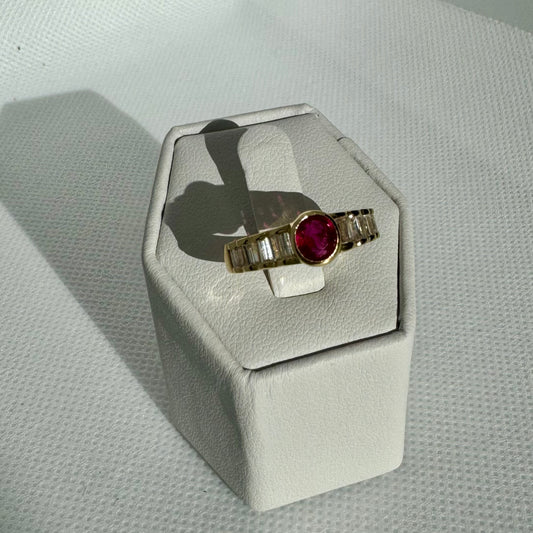 18K Natural Ruby Solitaire Ring with Baguette Diamond Accents