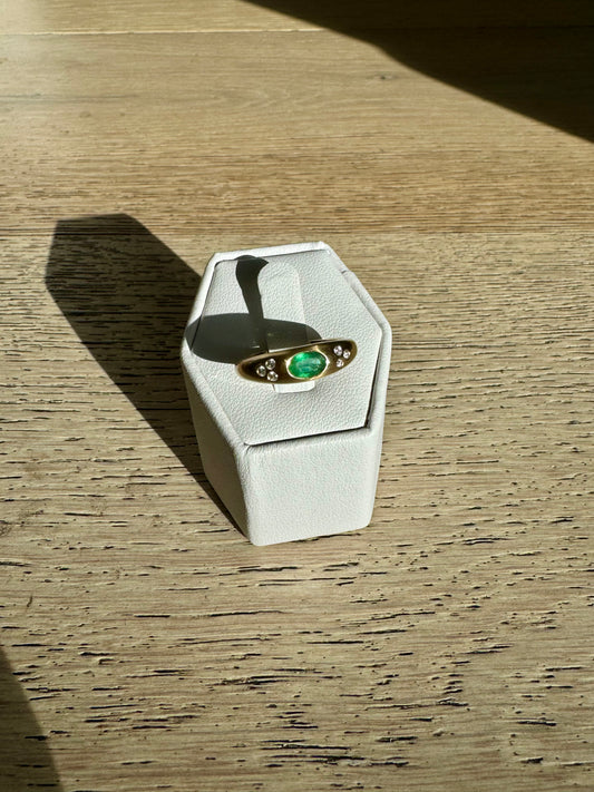 14K Brushed Gold Emerald Ring